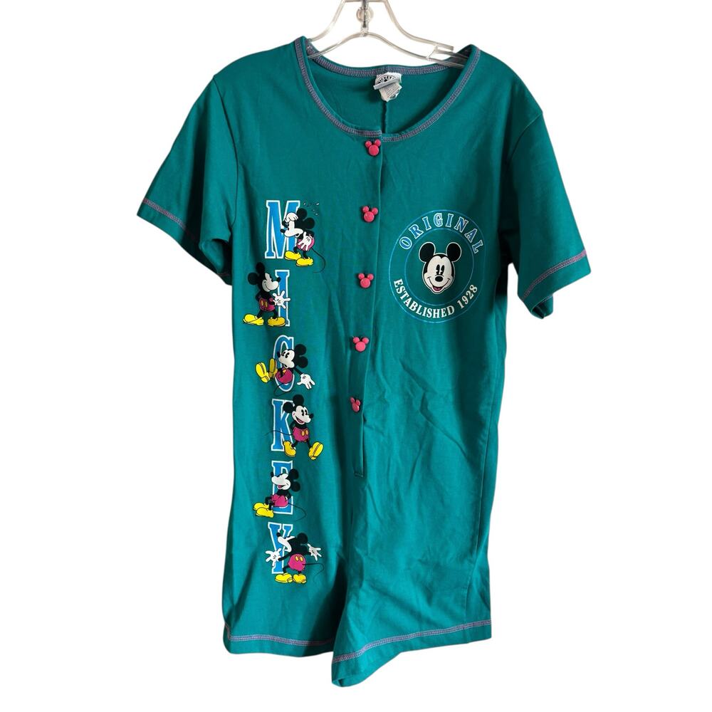 Vintage Disney Mickey One Piece Romper Shorts Teal Mickey Buttons Size M Jumper